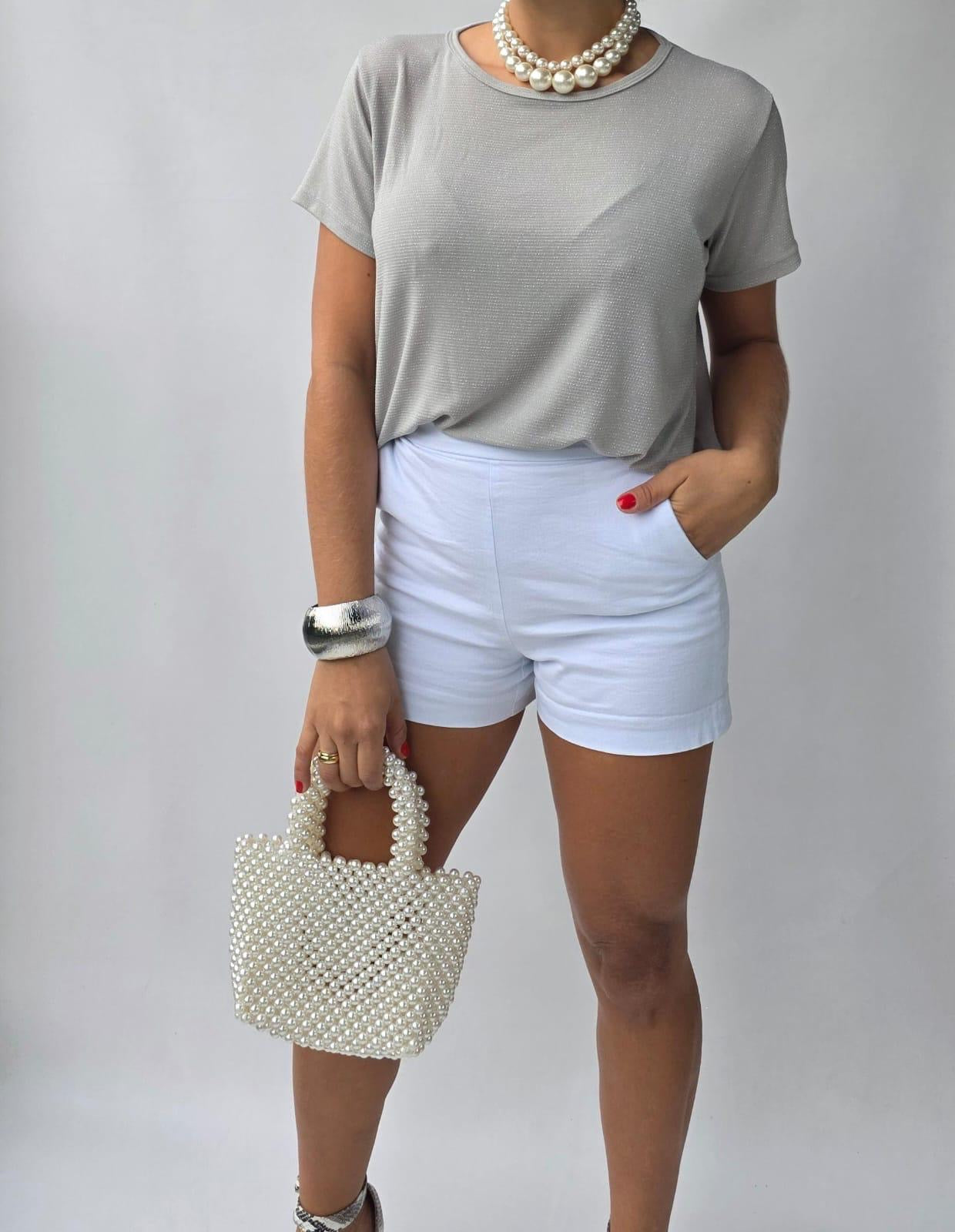 Blusa Brillante Manga Corta - Gris Plateado look completo