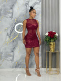 Vestido corto lentejuela vinotinto - vista frontal modelo