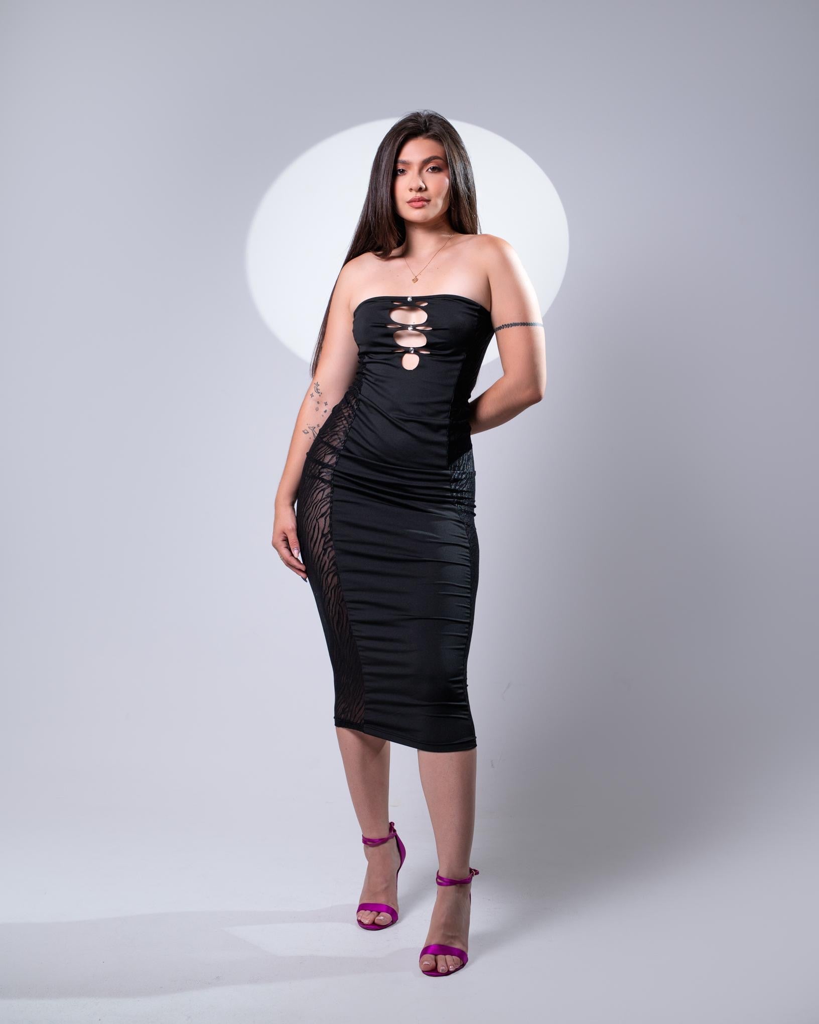 Vestido strapless negro licra malla cebra - vista frontal