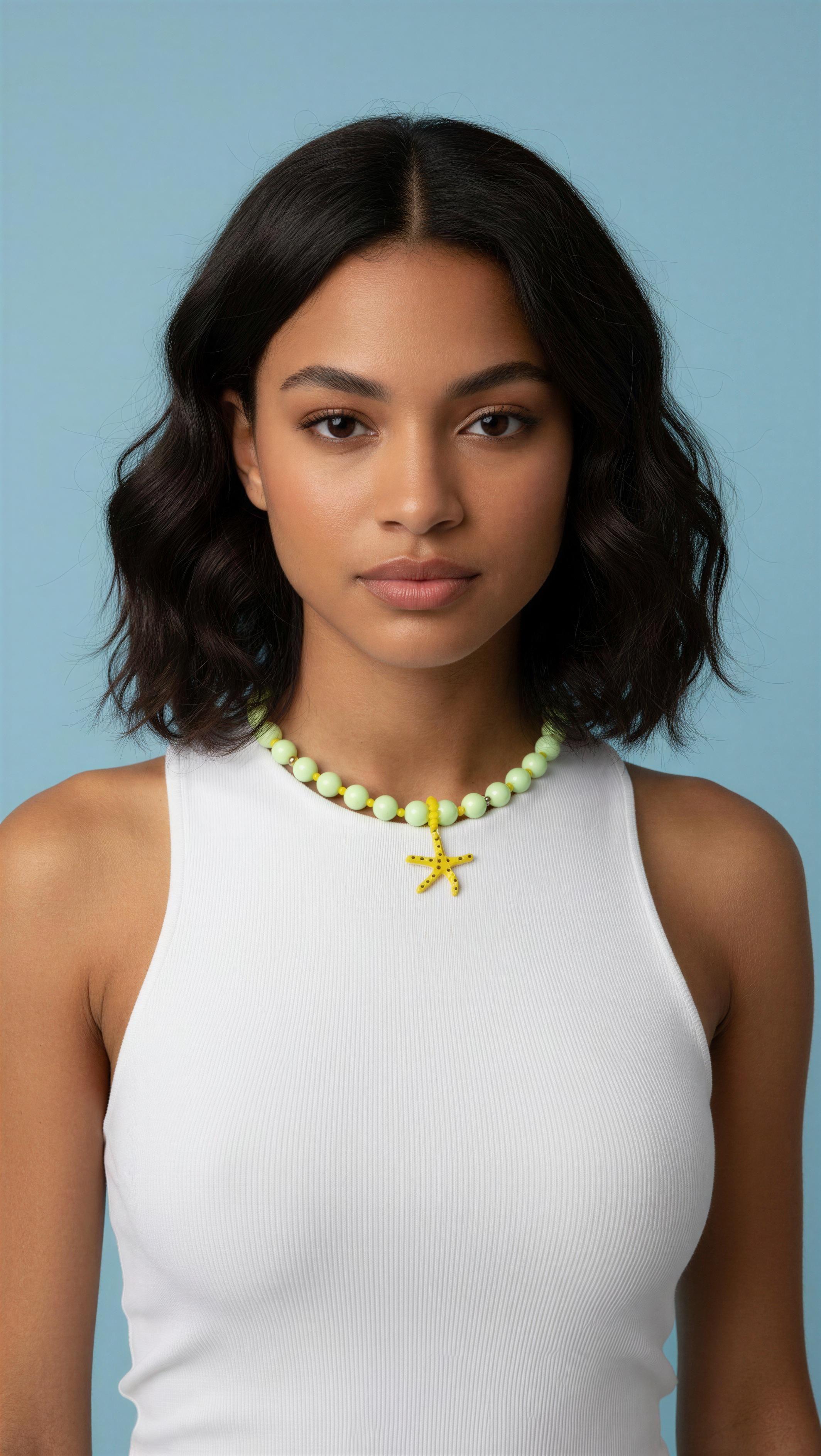 Collar Pepa Chicle Verde Tornasol con Cristal Murano y Dije Estrella de Mar en Rodio