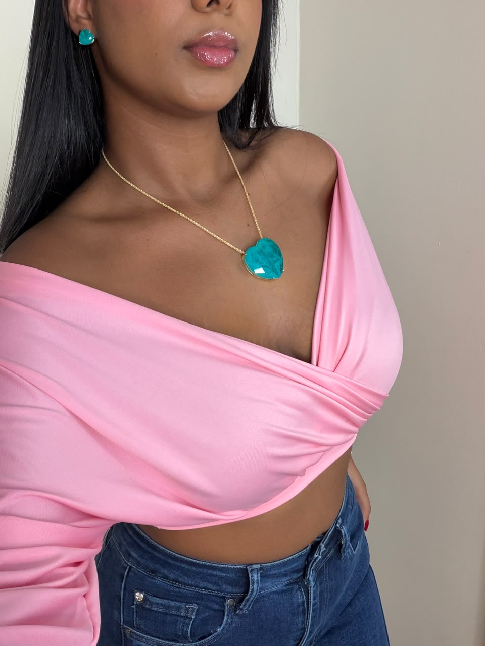 Collar Maxi Dije Corazón Esmeralda de Laboratorio en Rodio