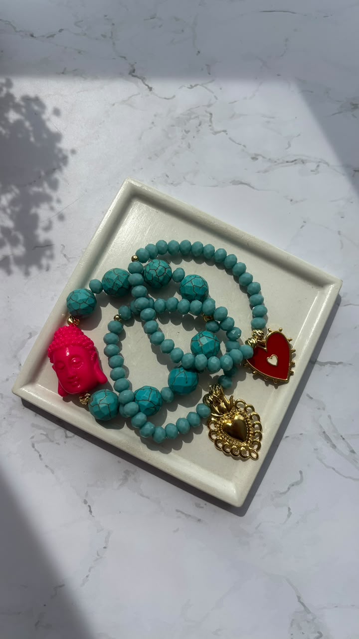 Set x3 pulseras turquesa buda fucsia covergold vista lateral