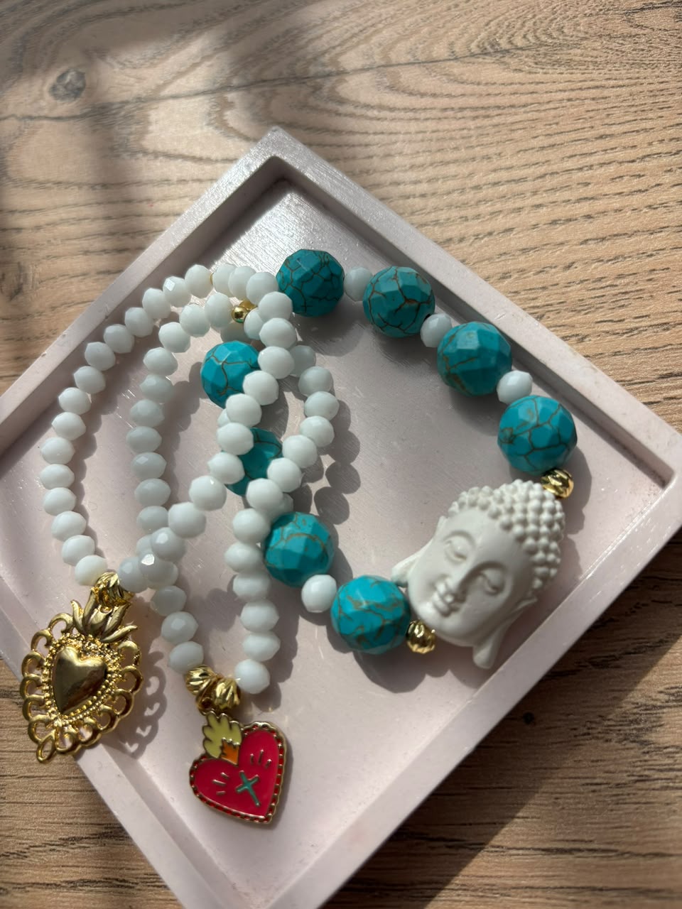 Set x3 pulseras murano buda y turquesa detalle