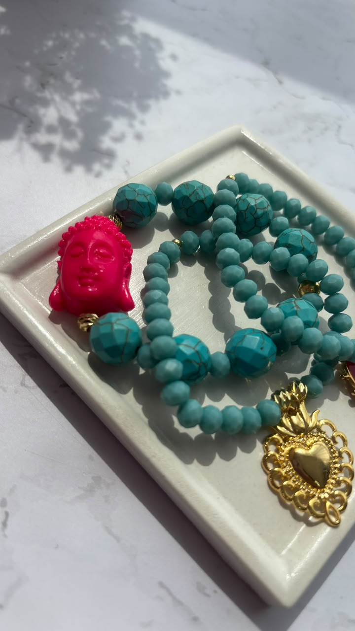 Set x3 pulseras turquesa buda fucsia covergold