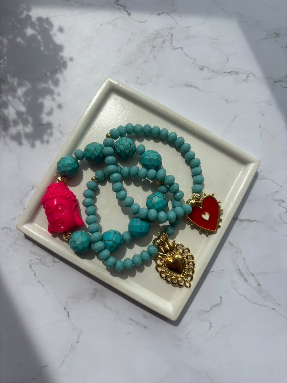 Set x3 pulseras turquesa buda fucsia covergold detalle