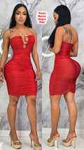 Vestido licra destellante rojo con herraje serpiente - vista frontal y trasera