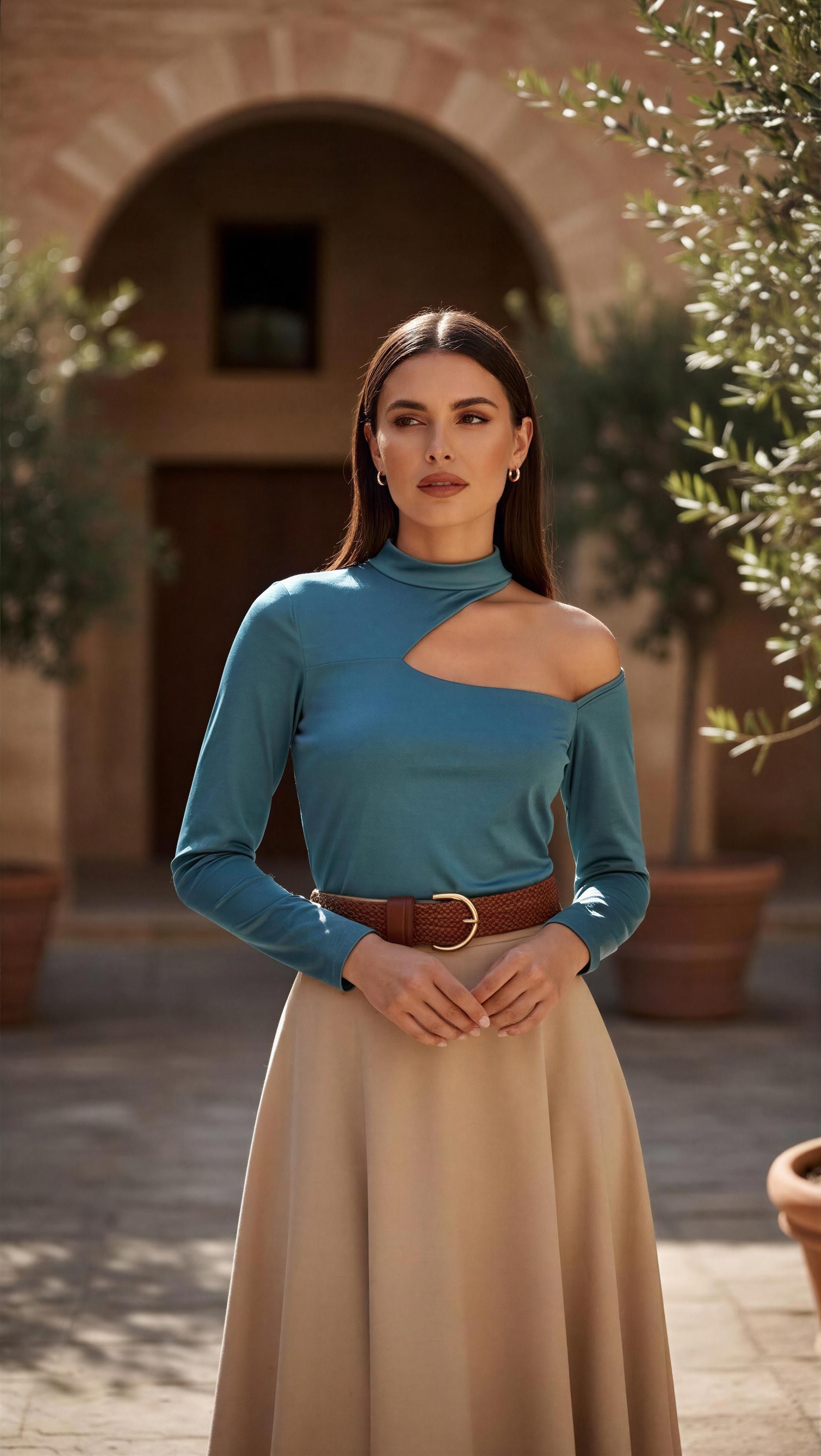 Body Stela Azul con falda beige